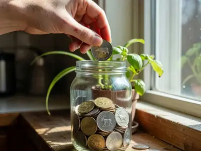 Close-up of a hand dropping a toonie into a glass jar half full of Canadian coins on a windowsill.