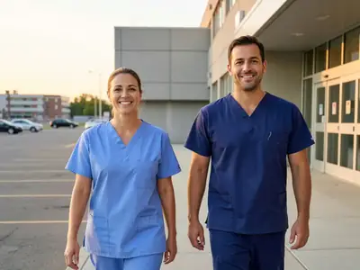 A nurse in scrubs walking out of a hospital at the end of a shift, smiling with a coworker.