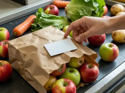 Close-up of a blank plain credit card resting on top of a grocery receipt-free bag of apples on a checkout counter, a hand reaching for it.