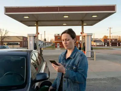 A woman pumping gas at a quiet station early in the evening, glancing at her phone.
