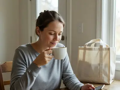 A woman drinking her morning coffee at a kitchen table while tapping on her phone.