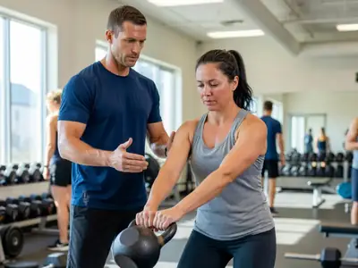 A personal trainer guiding a woman through a kettlebell exercise at a community fitness centre.