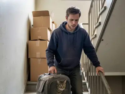 A young man carrying his cat in a carrier up the stairs of an apartment building on moving day.