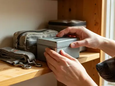 Close-up of hands placing a small plain grey metal cash box on a kitchen shelf next to a folded dog leash and a pet first-aid pouch.