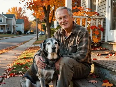 An older man sitting on a porch step with his arm around his elderly grey-muzzled dog.
