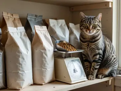 Bags of dry pet food in plain packaging and a kitchen scale with a measured scoop.