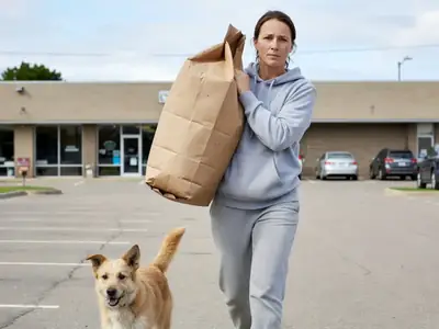 A woman carrying a large bag of dog food out of a pet store, her dog trotting beside her.
