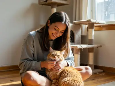 A young woman sitting on the floor of her living room hugging her cat while scratching its chin.