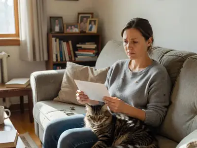 A woman on her sofa with her cat on her lap, looking at a plain envelope with mild concern.