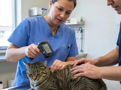 A vet scanning a calm cat with a handheld microchip scanner.