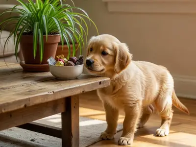 A curious puppy sniffing a houseplant and a bowl of chocolates on a low coffee table.