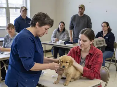 A vet giving a vaccine to a puppy held by its owner at a community clinic.