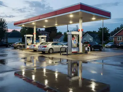 A gas station forecourt at dusk with cars at the pumps and the canopy lit.