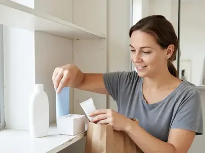 A woman unpacking a paper pharmacy bag of plain store-brand toiletries onto her bathroom shelf: shampoo, body wash, cotton swabs and toothpaste.