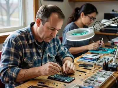 A technician replacing the battery of a smartphone at a repair shop bench with tiny tools.