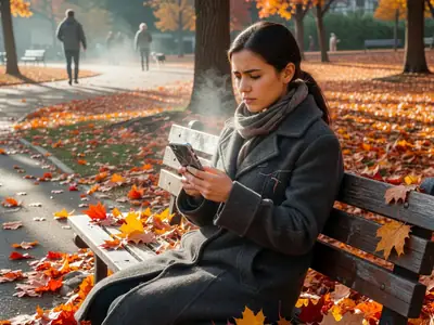 A young woman looking thoughtfully at her old phone while sitting on a park bench.