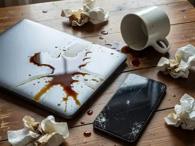 A smartphone with a badly cracked screen lying next to a closed laptop whose lid has a spilled coffee puddle on it, a tipped-over mug beside them on a wooden table.