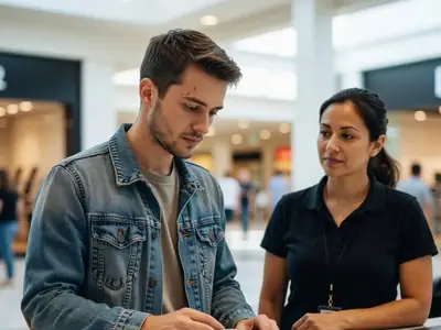 A young man at a phone store counter holding a new phone box and thinking it over, a sales associate waiting.