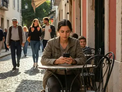 A Canadian traveller using her phone while sitting at a café in a foreign city.