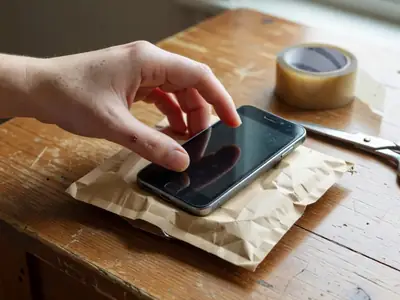 A hand placing an old smartphone into a small padded mailer on a table.