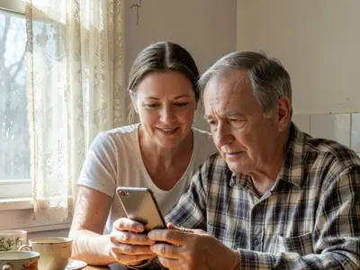 A woman showing her elderly father how to use a simple smartphone at his kitchen table.