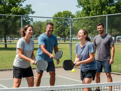 Four adults playing pickleball on an outdoor court, laughing.