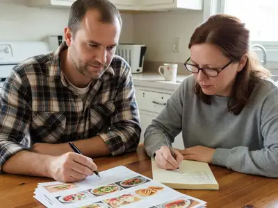 A couple sitting at a kitchen table with a stack of folded paper flyers, the man circling something with a pen while the woman writes a meal plan.