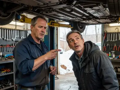 A mechanic showing a customer something underneath a car raised on a hoist.
