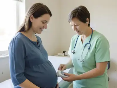 A pregnant woman at a prenatal check-up with a midwife listening with a fetal doppler.