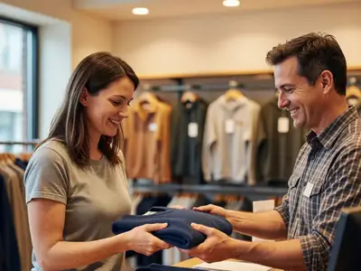 A woman at a clothing store checkout counter handing a folded navy sweater back to a smiling cashier, both looking at the sweater.