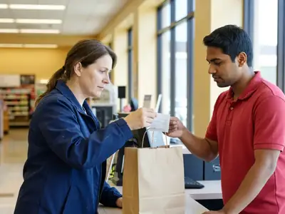 A woman at a store customer service counter showing her receipt to an employee.