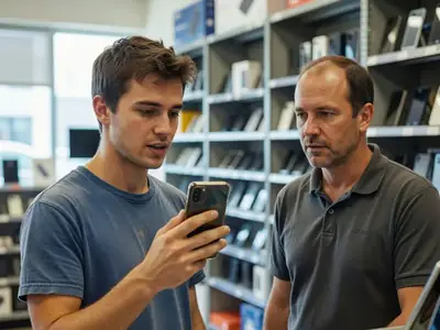 A young man in an electronics store holding his phone up to compare while talking to a sales associate.