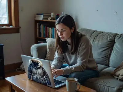 A young woman on her sofa looking at a winter coat on her laptop.