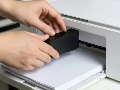 Close-up of hands sliding a plain unmarked black ink cartridge into the open bay of a white home inkjet printer.