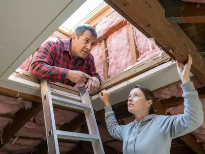 A contractor and a homeowner standing in an attic hatch opening discussing the next upgrade.