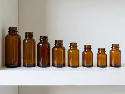 A row of plain amber pill bottles of different sizes on a white shelf.