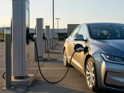 An electric car charging at a public fast-charging station in a shopping centre parking lot.
