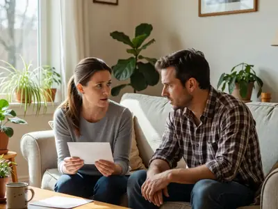 A couple sitting on their apartment sofa discussing something seriously, the woman holding a plain envelope.