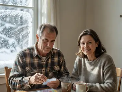 A Québec couple in their fifties at their kitchen table, the man holding a pill organizer.