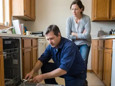 A technician repairing a dishwasher in a home kitchen while the homeowner watches.