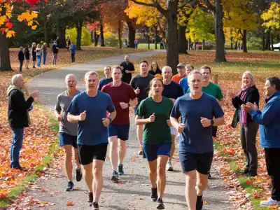 A small group of recreational runners in plain solid-colour unbranded t-shirts and shorts jogging along a park path during a community fun run.