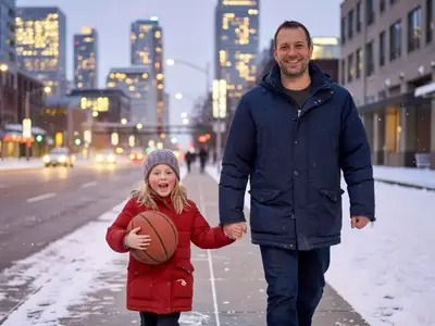A father and his young daughter, she hugging a basketball, walking excitedly hand in hand along a downtown sidewalk at dusk on their way to a game.