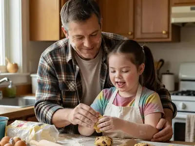 A father and his daughter with Down syndrome baking cookies together.