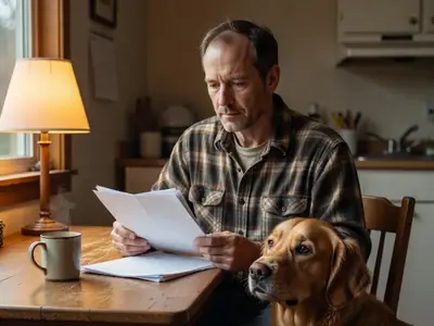 A man reading through a plain document at his kitchen table while his golden retriever rests its head on his knee.