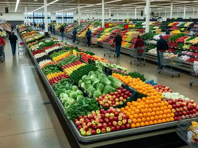 A huge supermarket floor seen from the entrance with wide aisles, a large produce section and shoppers with carts in the distance.