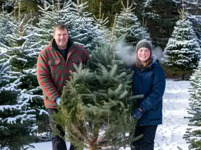 A father and teenage daughter carrying a freshly cut fir tree between them through a snowy Christmas tree lot.