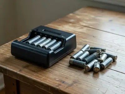A charger with rechargeable batteries next to a small pile of used disposable batteries.