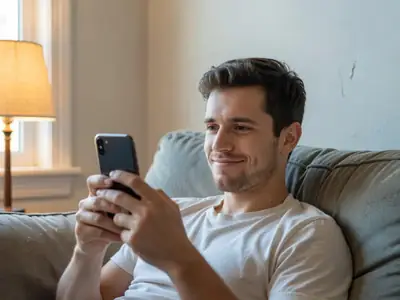 A young man on his sofa reading on his phone with a skeptical half-smile.