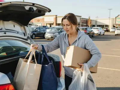 A woman loading grocery bags, a dry-cleaning bag and a parcel into her car trunk in one trip.