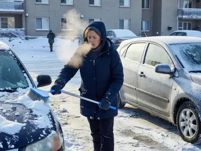 A woman brushing heavy snow off her car windshield with a snow brush in the morning.